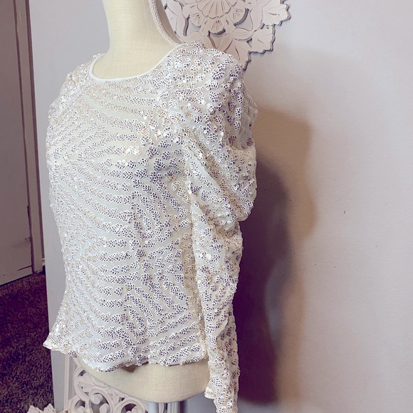 EXPRESS IVORY White SEQUIN PUFF RUCHED Long SLEEVE BLOUSE TOP Shirt XSMALL - Picture 10 of 13